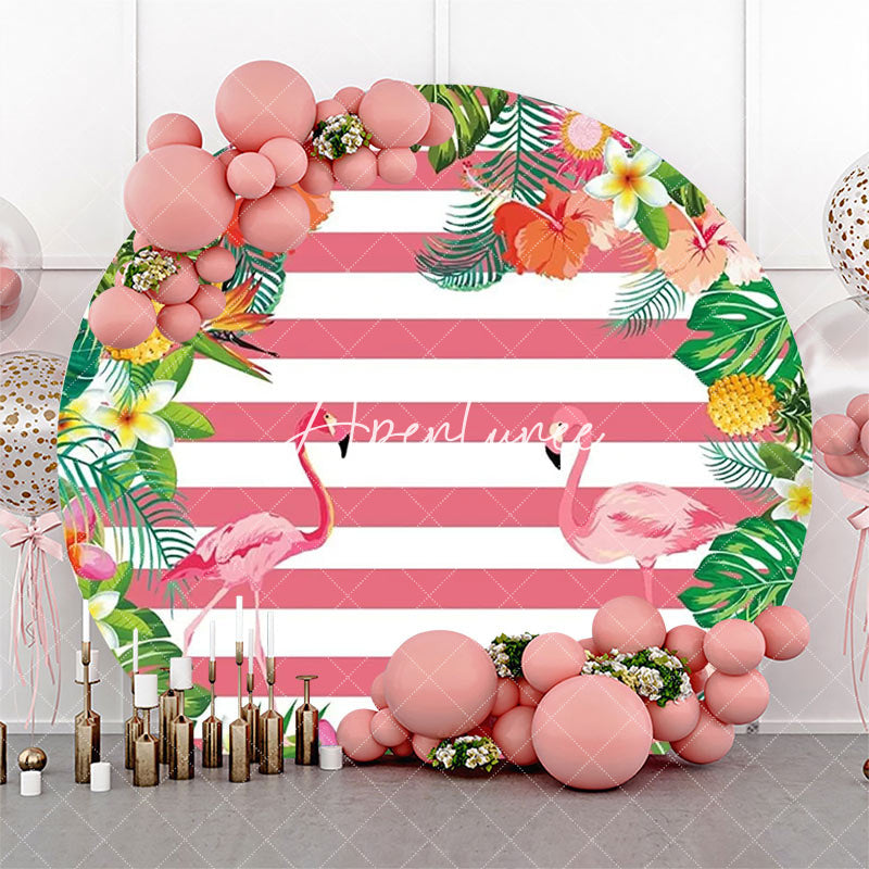 Aperturee - Plant Floral Flamingo Stripe Round Summer Backdrop