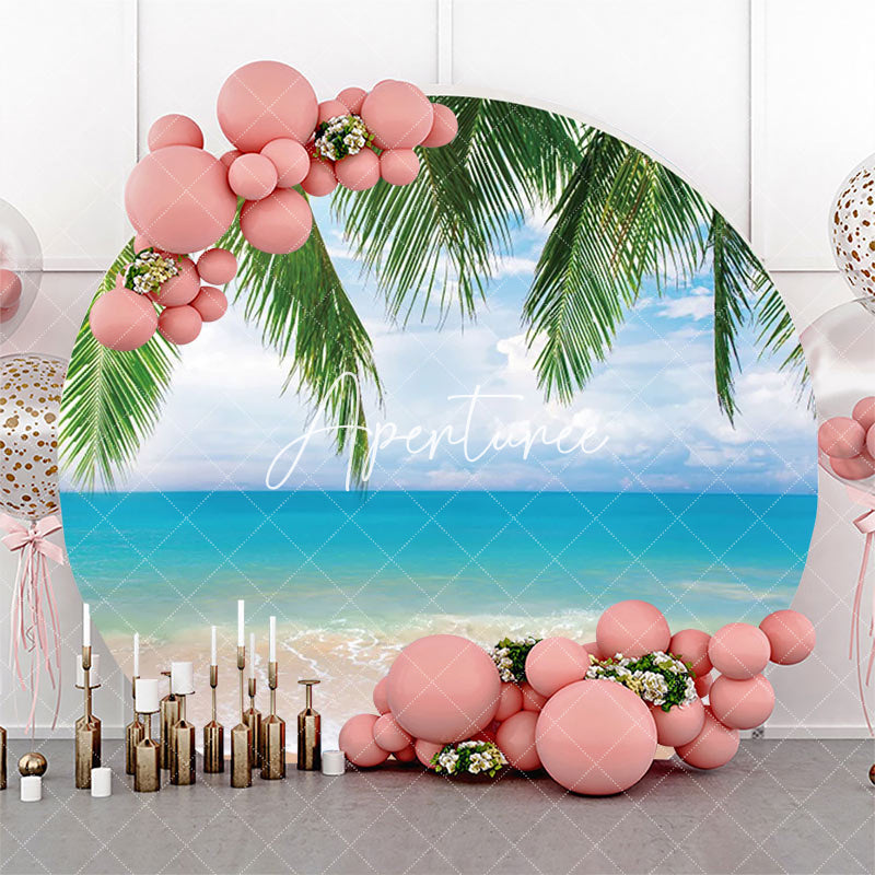 Aperturee - Plant Leaf Sandy Hawaii Beach Round Birthday Backdrop