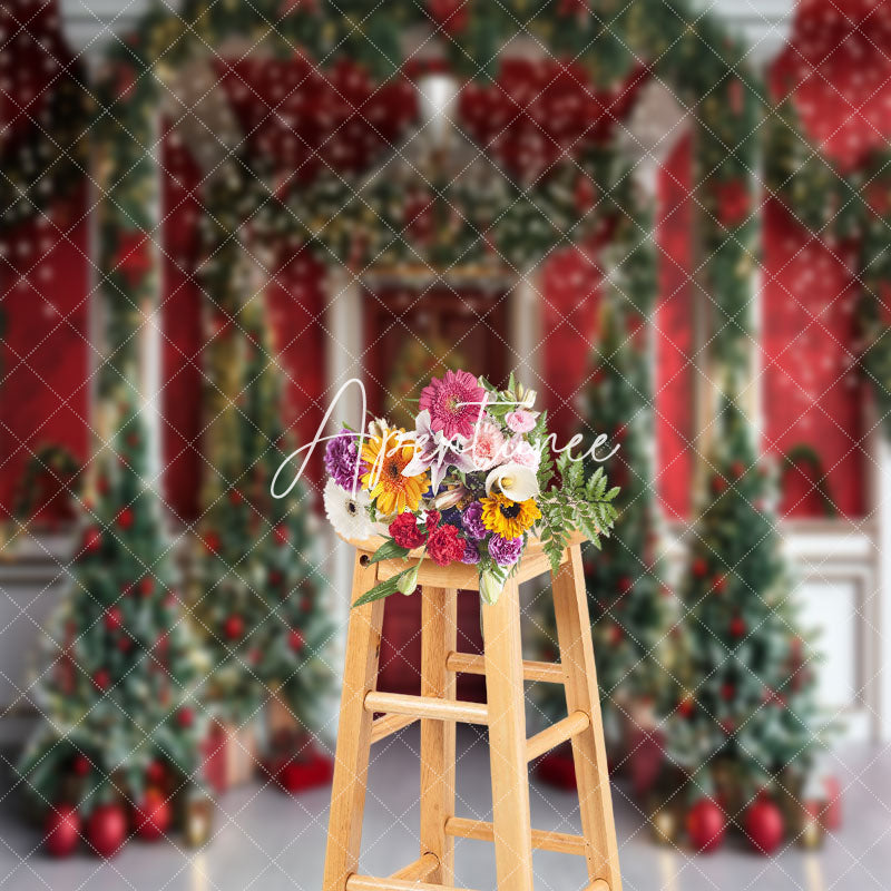 Aperturee - Plant Xmas Trees Red White Door Christmas Backdrop