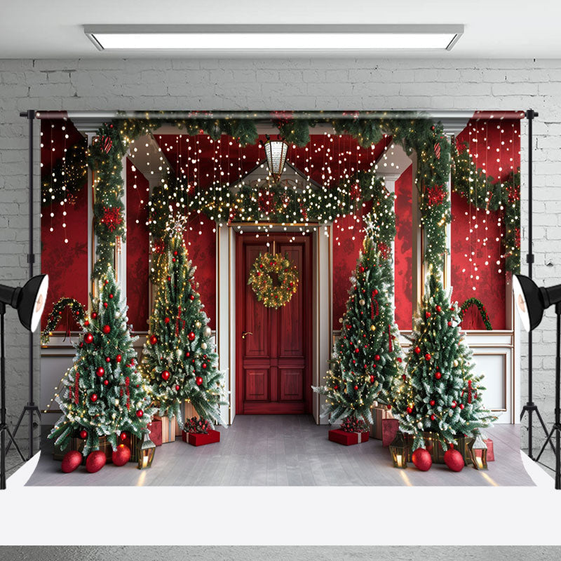 Aperturee - Plant Xmas Trees Red White Door Christmas Backdrop