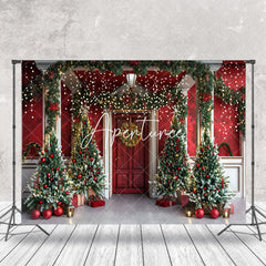 Aperturee - Plant Xmas Trees Red White Door Christmas Backdrop