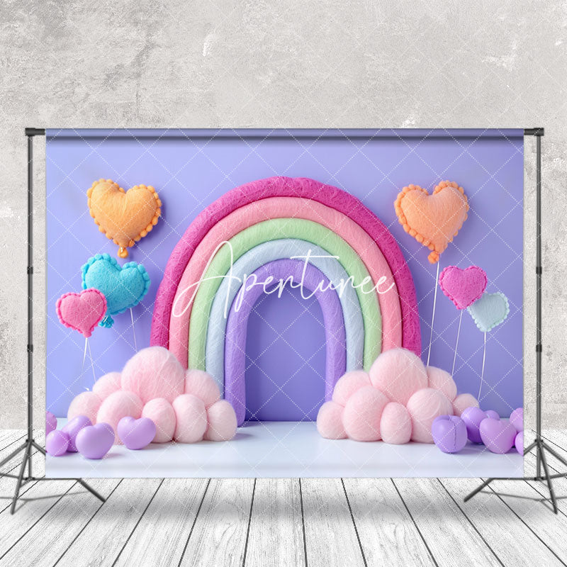 Aperturee - Plush Rainbow Balloons Purple Cake Smash Backdrop