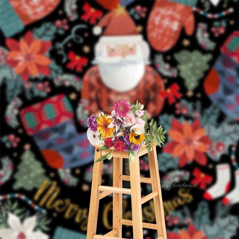 Aperturee - Poinsettia Santa Claus Merry Christmas Backdrop