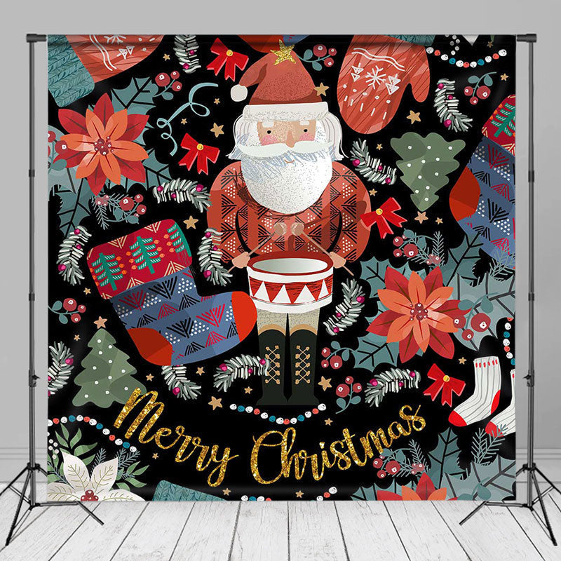 Aperturee - Poinsettia Santa Claus Merry Christmas Backdrop