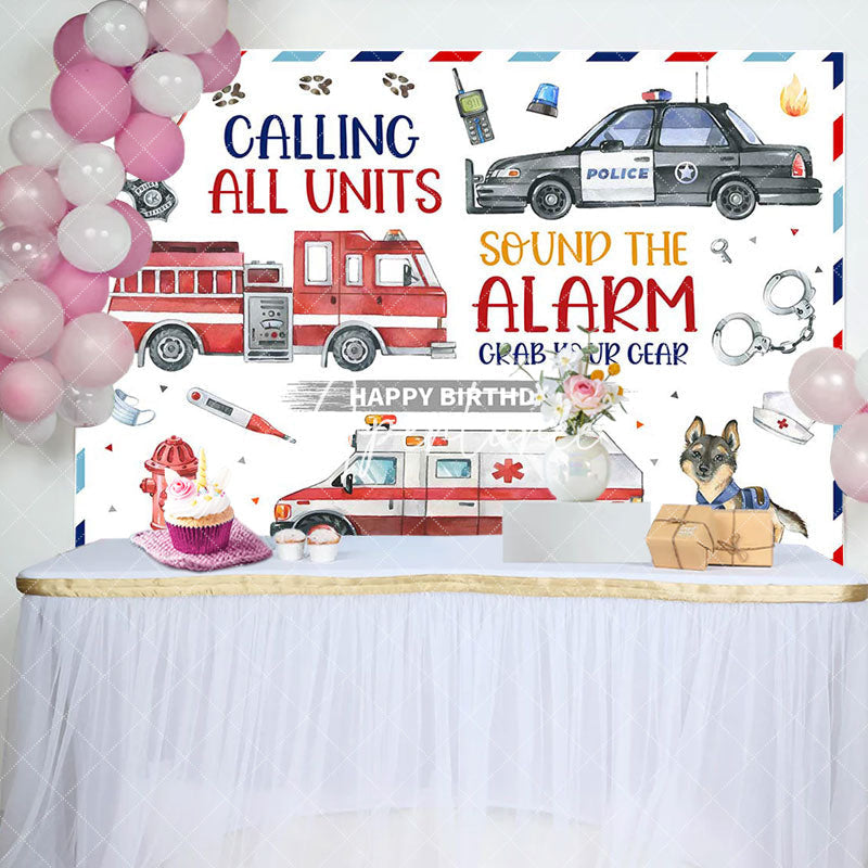 Aperturee - Police Fire Truck Ambulance Happy Birthday Backdrop