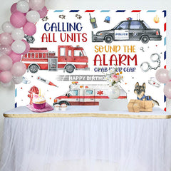 Aperturee - Police Fire Truck Ambulance Happy Birthday Backdrop