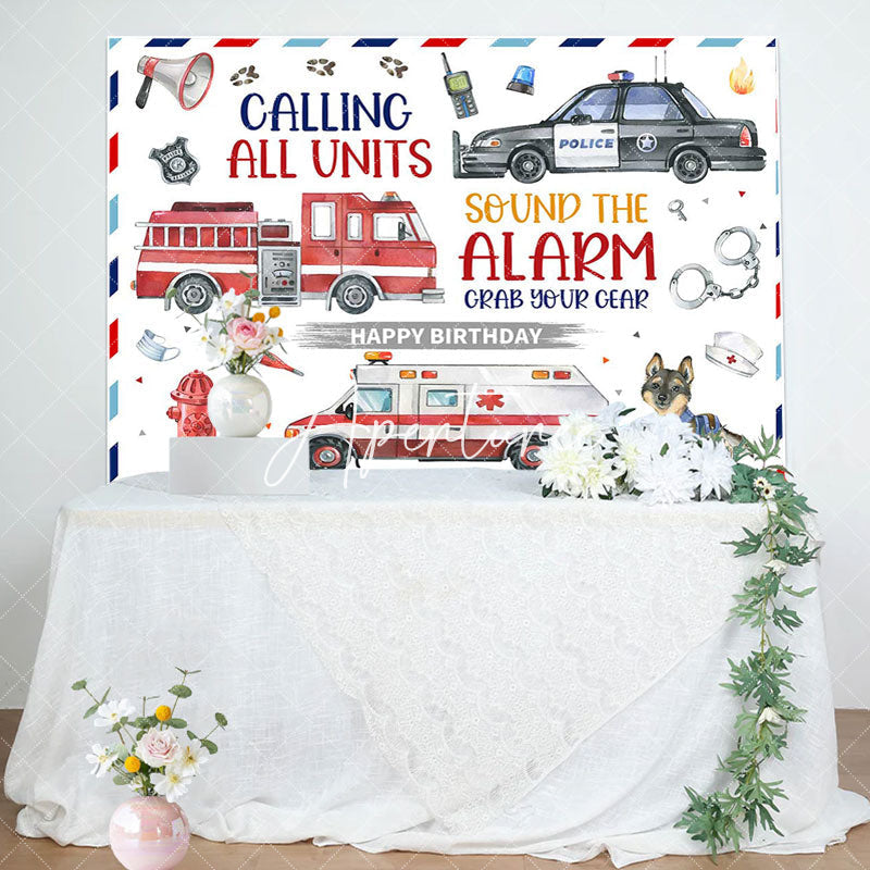 Aperturee - Police Fire Truck Ambulance Happy Birthday Backdrop