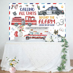 Aperturee - Police Fire Truck Ambulance Happy Birthday Backdrop