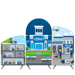 Aperturee Police Station Theme Cartoon Blue Sky Arch Backdrop Kit