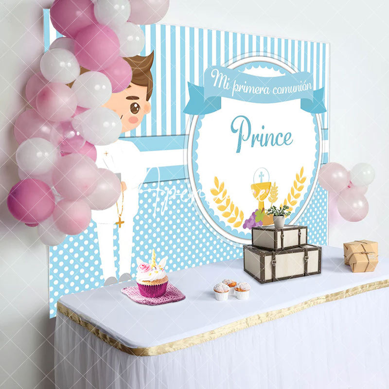 Aperturee - Prince Blue Stripe And Dots Boys Baptism Backdrop