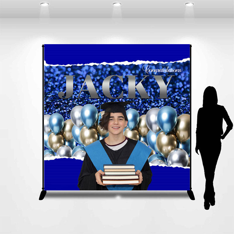 Aperturee - Prom Blue Balloons Personalized Graduation Backdrop