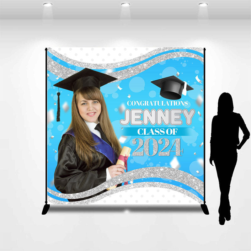 Aperturee - Prom Blue Silver Custom Photo Graduation Backdrop