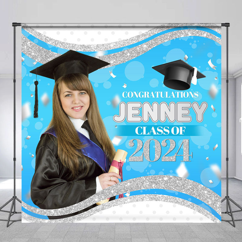 Aperturee - Prom Blue Silver Custom Photo Graduation Backdrop