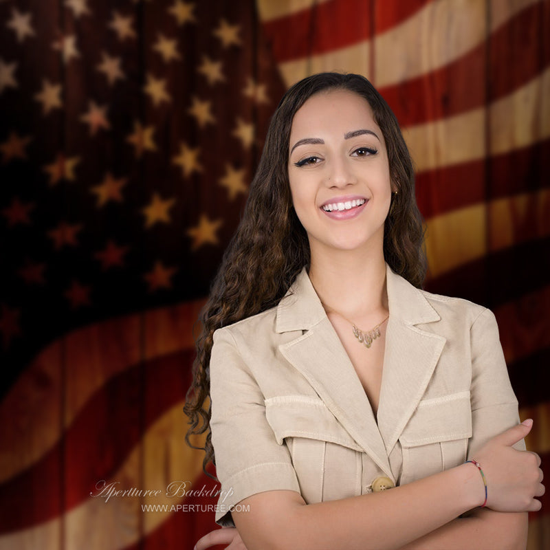 Aperturee - Proud Singer USA Flag Wood Independence Day Backdrop