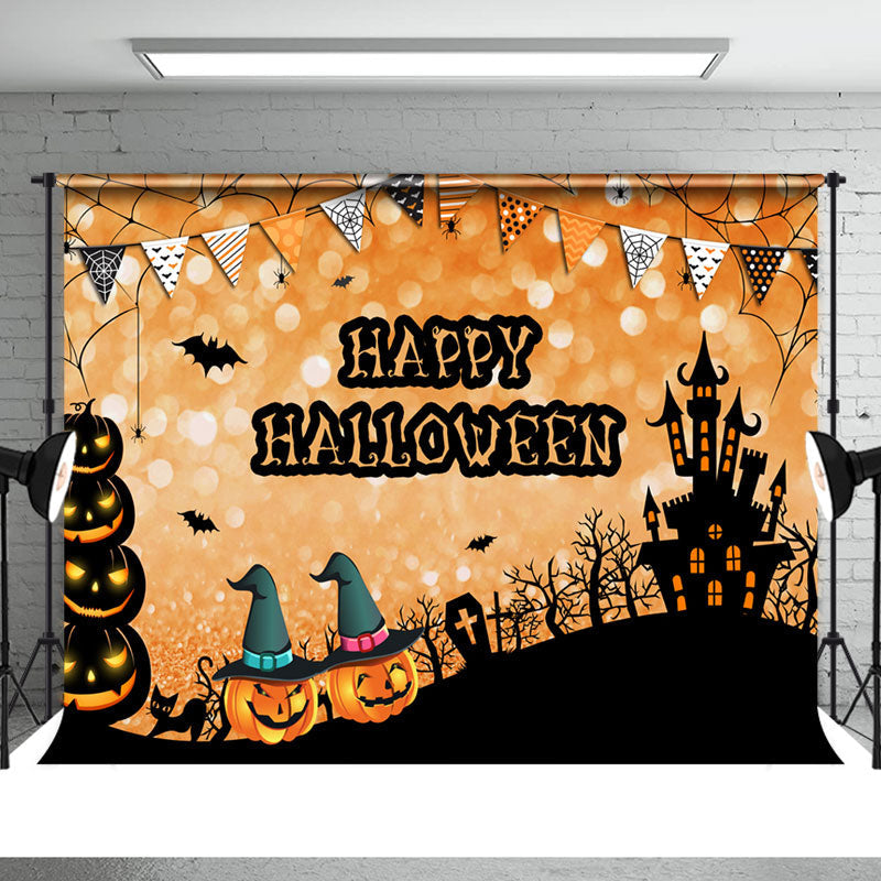 Aperturee - Pumpkin and Castle Happy Halloween Backdrop for Kids