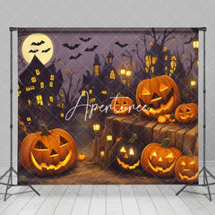 Aperturee - Pumpkin Bat Moon Village Happy Halloween Night Backdrop