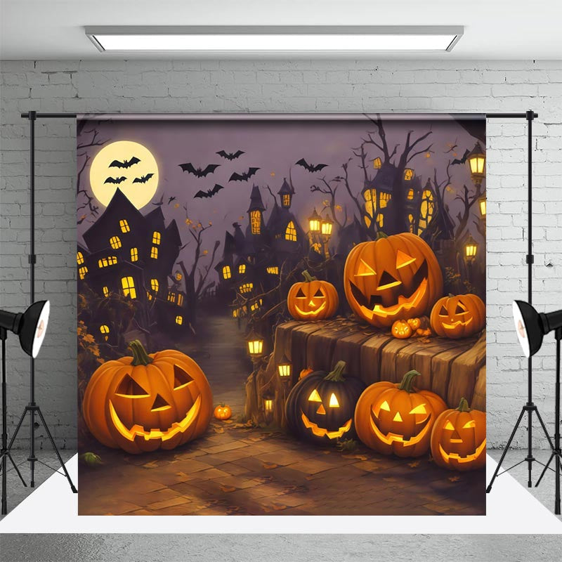 Aperturee - Pumpkin Bat Moon Village Happy Halloween Night Backdrop