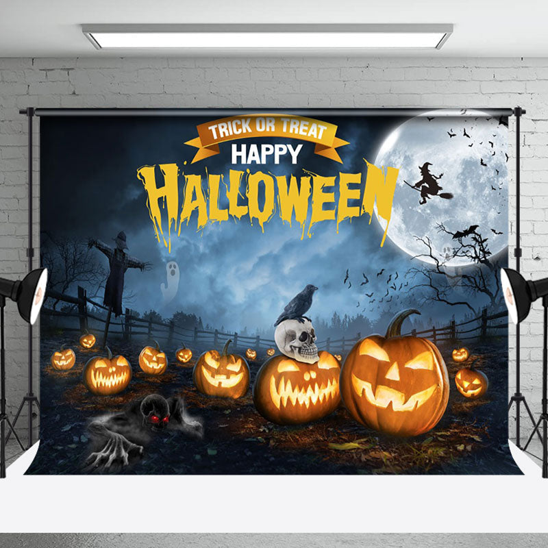 Aperturee - Pumpkin Farm Witch Moon Night Happy Halloween Backdrop