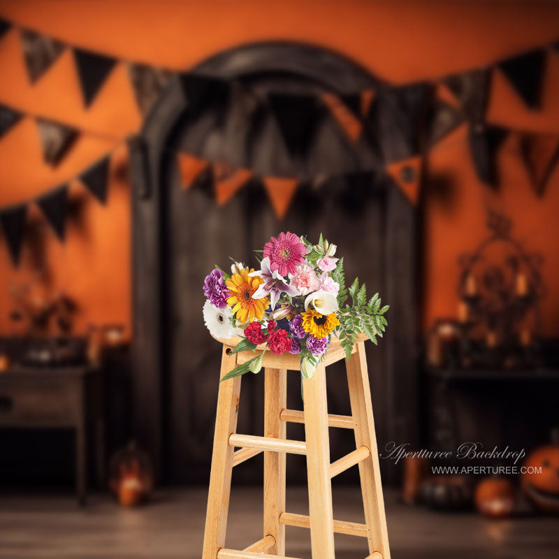 Aperturee - Pumpkin Lantern Black Door Orange Photography Backdrop