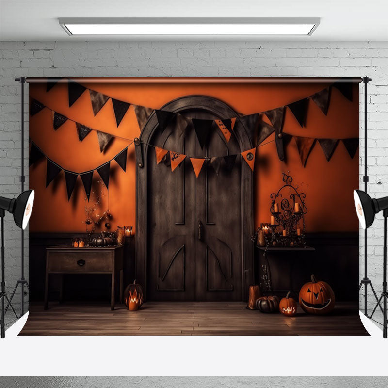 Aperturee - Pumpkin Lantern Black Door Orange Photography Backdrop