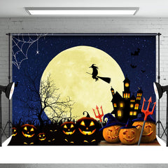 Aperturee - Pumpkin Moon Bat Gloomy Castle Witch Halloween Backdrop