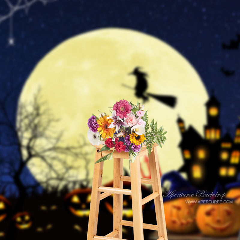 Aperturee - Pumpkin Moon Bat Gloomy Castle Witch Halloween Backdrop