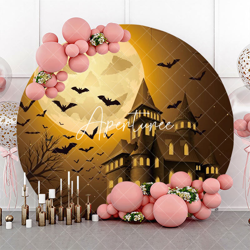 Aperturee - Pumpkin Moon Castle Bats Round Halloween Backdrop