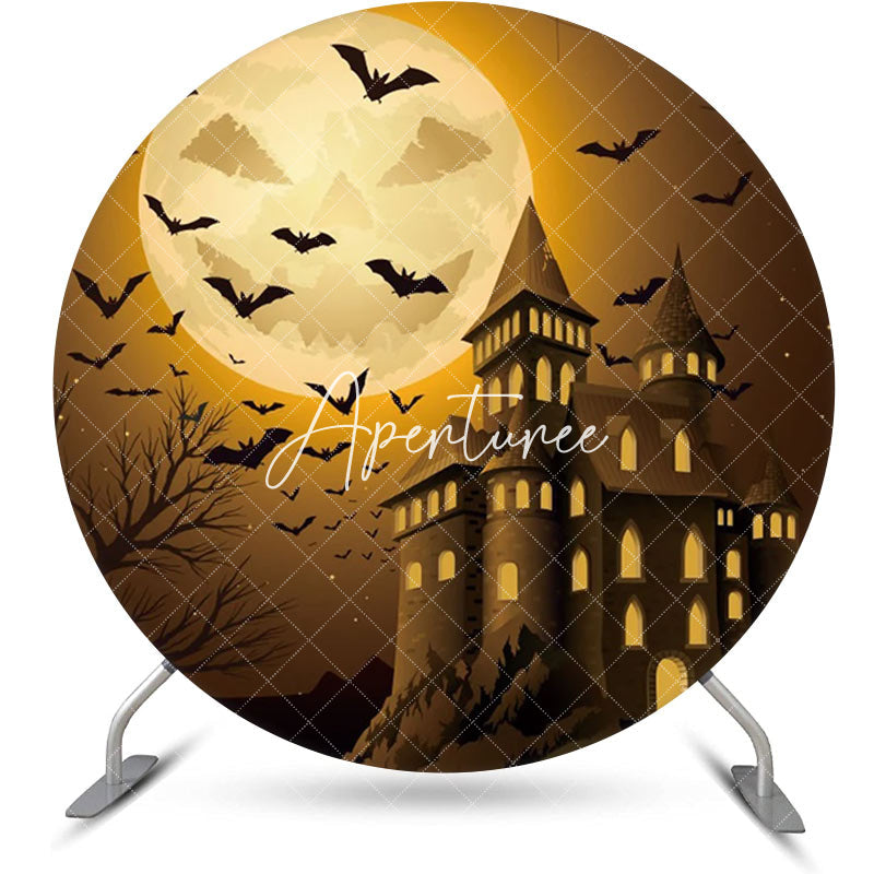 Aperturee - Pumpkin Moon Castle Bats Round Halloween Backdrop