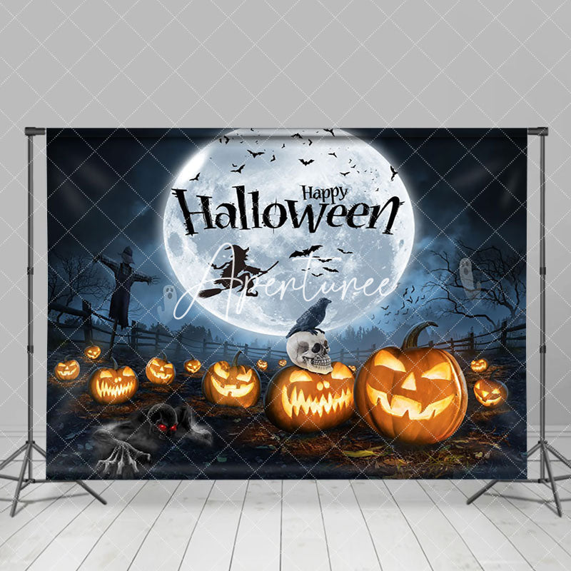 Aperturee - Pumpkin Ranch Moon Witch Moon Night Happy Halloween Backdrop