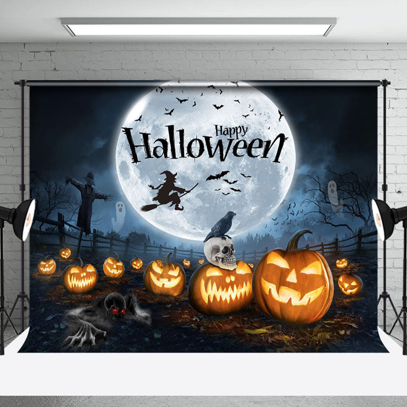 Aperturee - Pumpkin Ranch Moon Witch Moon Night Happy Halloween Backdrop