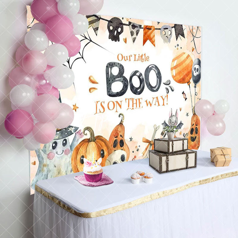 Aperturee - Pumpkins Little Boo Halloween Baby Shower Backdrop