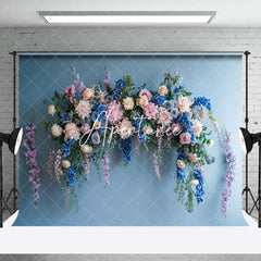 Aperturee - Pure Blue Wall Colorful Floral Cake Smash Backdrop