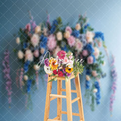 Aperturee - Pure Blue Wall Colorful Floral Cake Smash Backdrop