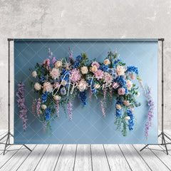 Aperturee - Pure Blue Wall Colorful Floral Cake Smash Backdrop