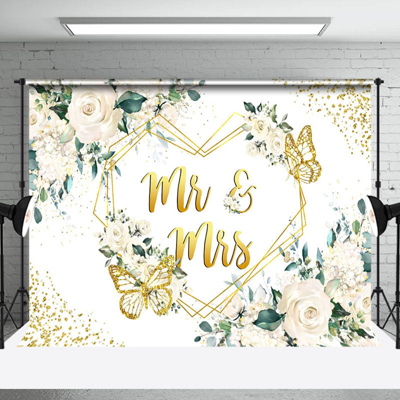 Aperturee - Pure White Floral Gold Butterfly Wedding Backdrop