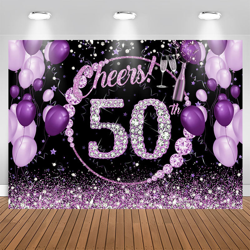 Aperturee - Purple And Glitter Cheers To 50Th Birthday Backdrop