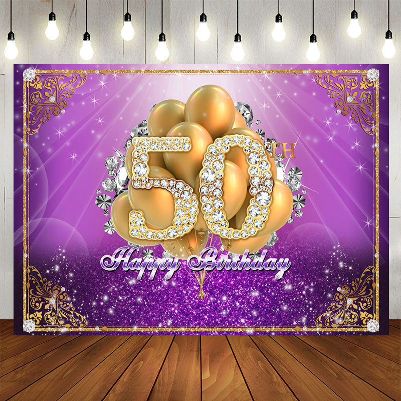 Aperturee - Purple and Gold Balloon Diamond 50Th Birthday Backdrop