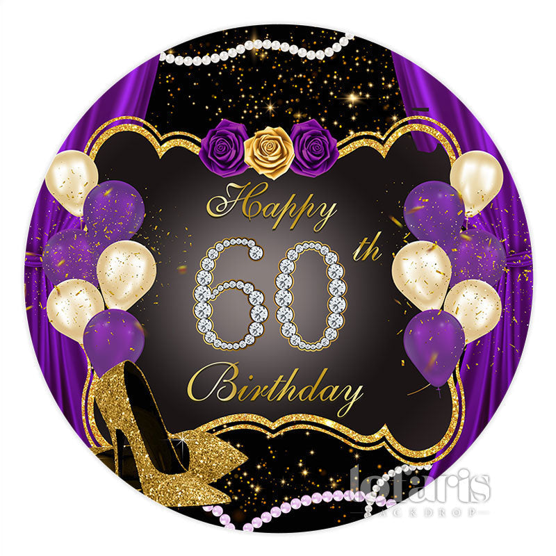 Aperturee Purple And Gold Glitter Balloons Round Birthday Backdrop