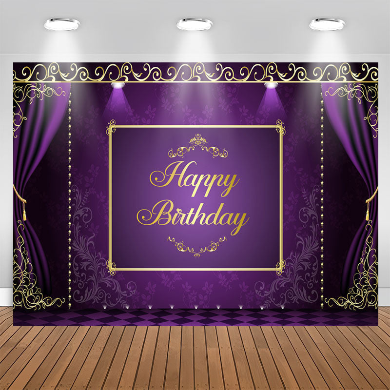 Aperturee - Purple and Golden Lace Happy Birthday Party Backdrop