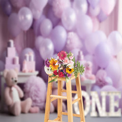 Aperturee - Purple Balloon Bear 1St Birthday Cake Smash Backdrop