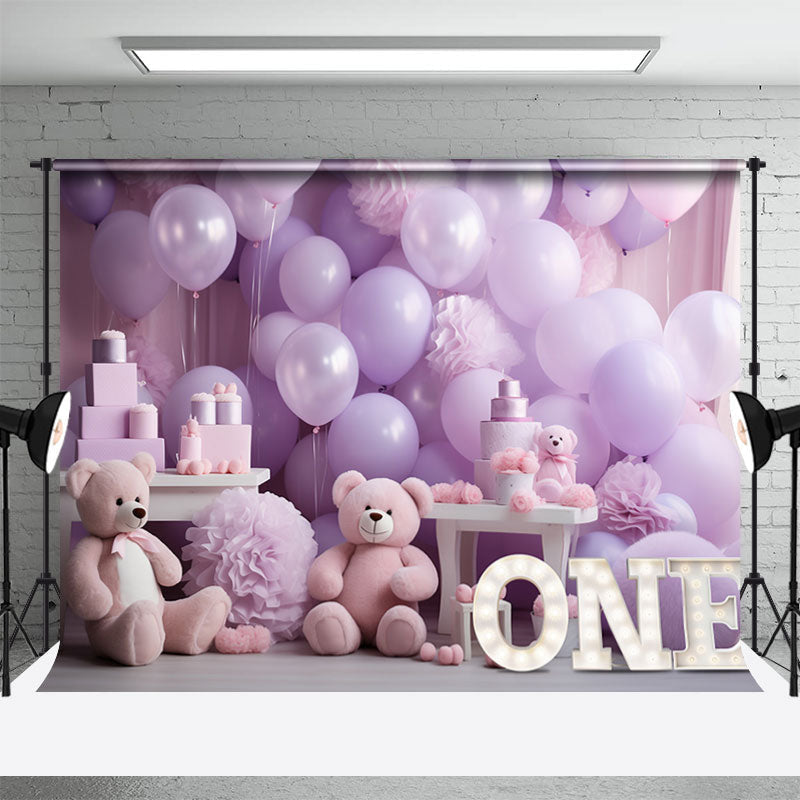 Aperturee - Purple Balloon Bear 1St Birthday Cake Smash Backdrop