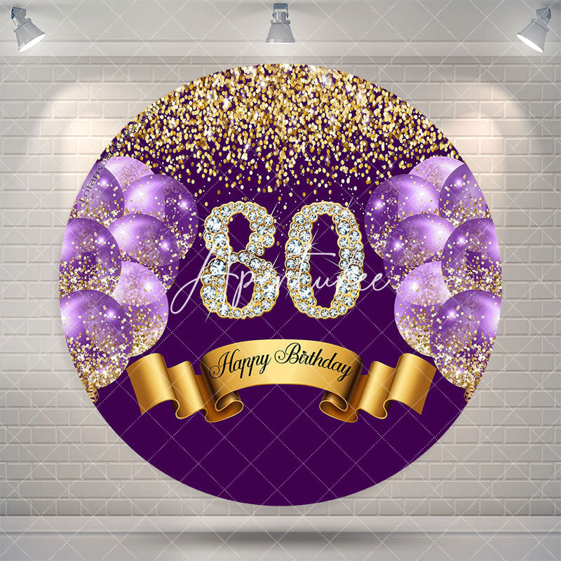 Aperturee Purple Balloon Glitter Round 80th Birthday Backdrop