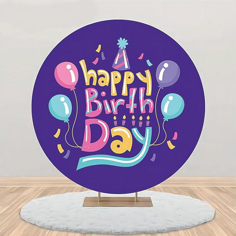 Aperturee - Purple Balloon Hat Ribbon Round Birthday Backdrop