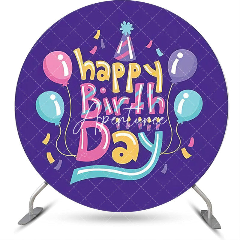 Aperturee - Purple Balloon Hat Ribbon Round Birthday Backdrop