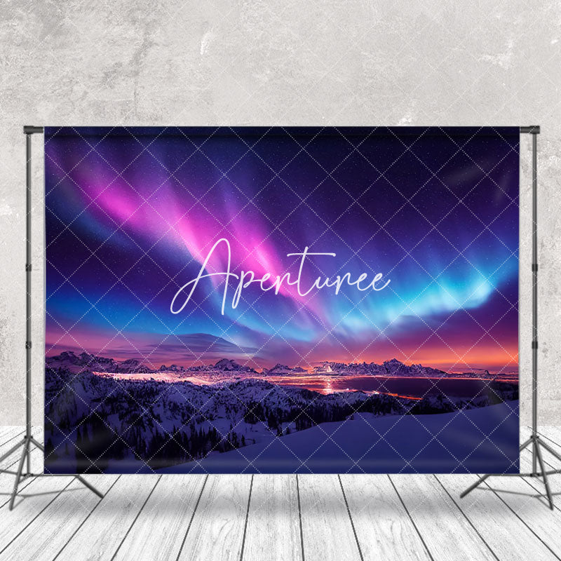 Aperturee - Purple Blue Aurora Snowy Mountain Winter Backdrop