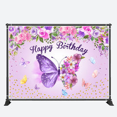 Aperturee - Purple Butterflies Flowers Happy Birthday Backdrop