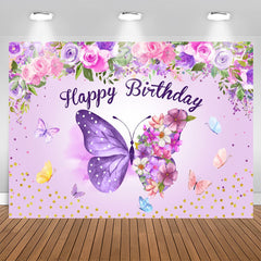 Aperturee - Purple Butterflies Flowers Happy Birthday Backdrop