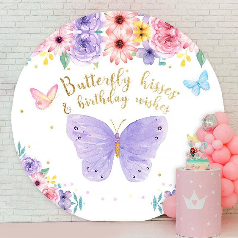 Aperturee - Purple Butterfly And Floral Round Birthday Backdrop