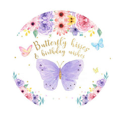 Aperturee - Purple Butterfly And Floral Round Birthday Backdrop