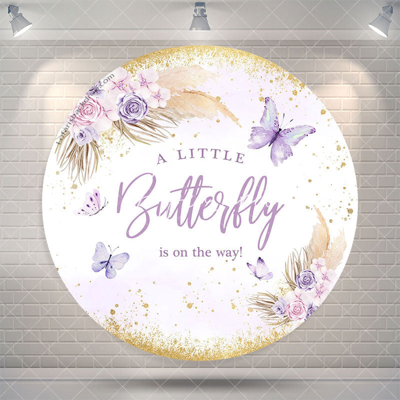 Aperturee Purple Butterfly Boho Baby Shower Round Backdrop